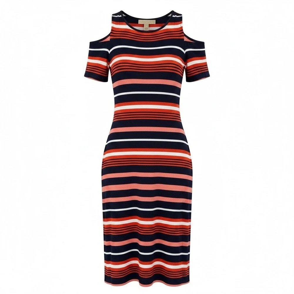 Michael Kors Cold Shoulder Striped Dress Orange Blue White Womens Small
